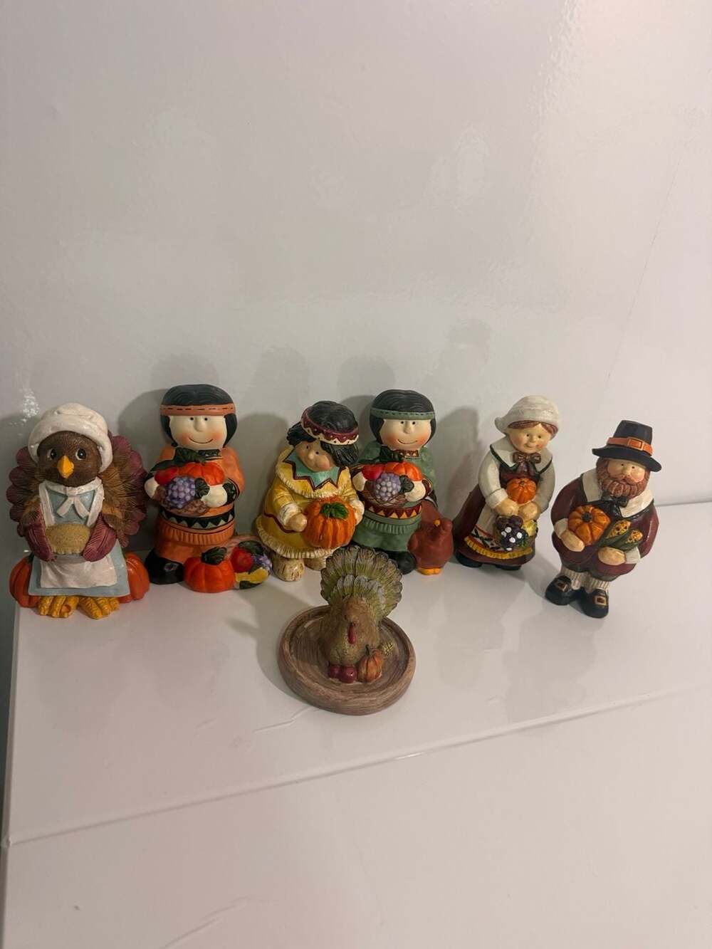 Thanksgiving Harvest Resin Figurine Set Pilgrim Native American Turkey